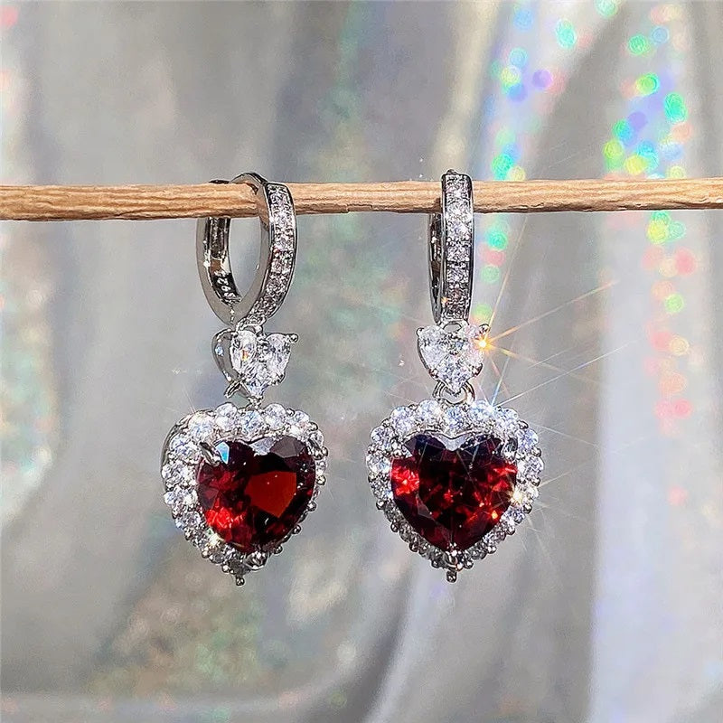Ohrringe für Damen, Granat Herz Zirkonia, Eternity Liebe Ohrringe, Mode Schmuck