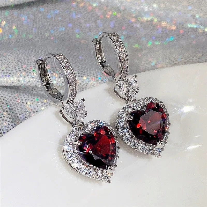 Ohrringe für Damen, Granat Herz Zirkonia, Eternity Liebe Ohrringe, Mode Schmuck