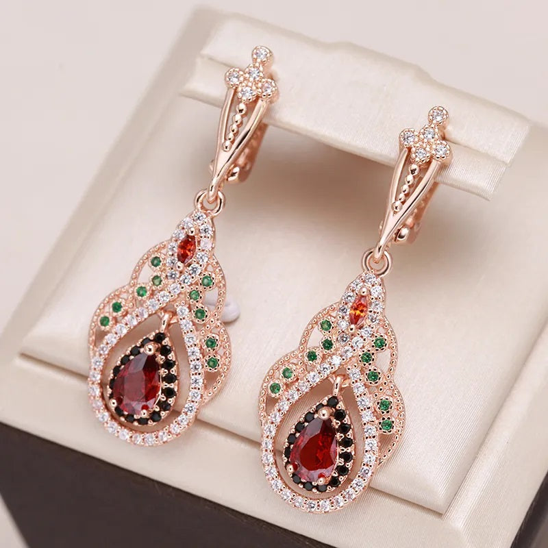 Neu Ohrringe für Damen, 585 Rose Gold Farbe, roter Zirkon, Kristall Blume, Tropfenohrringe, Vintage Hochzeit Schmuck