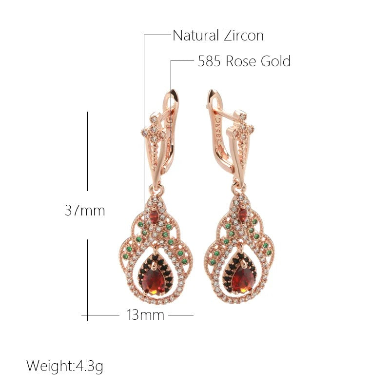 Neu Ohrringe für Damen, 585 Rose Gold Farbe, roter Zirkon, Kristall Blume, Tropfenohrringe, Vintage Hochzeit Schmuck