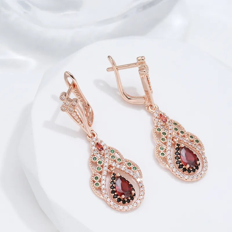 Neu Ohrringe für Damen, 585 Rose Gold Farbe, roter Zirkon, Kristall Blume, Tropfenohrringe, Vintage Hochzeit Schmuck