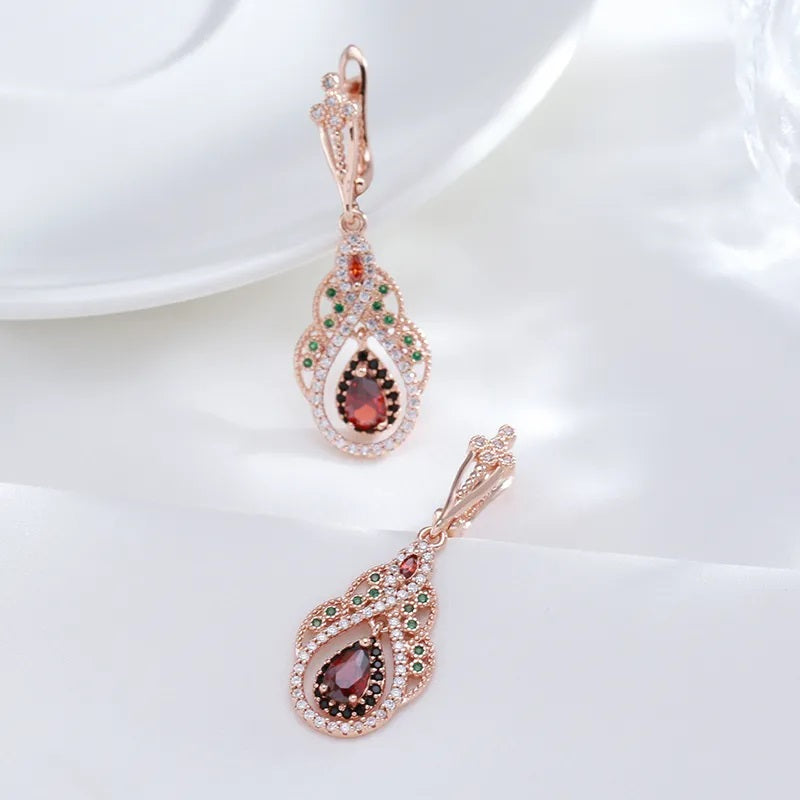 Neu Ohrringe für Damen, 585 Rose Gold Farbe, roter Zirkon, Kristall Blume, Tropfenohrringe, Vintage Hochzeit Schmuck