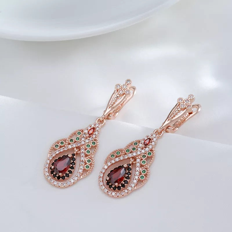 Neu Ohrringe für Damen, 585 Rose Gold Farbe, roter Zirkon, Kristall Blume, Tropfenohrringe, Vintage Hochzeit Schmuck