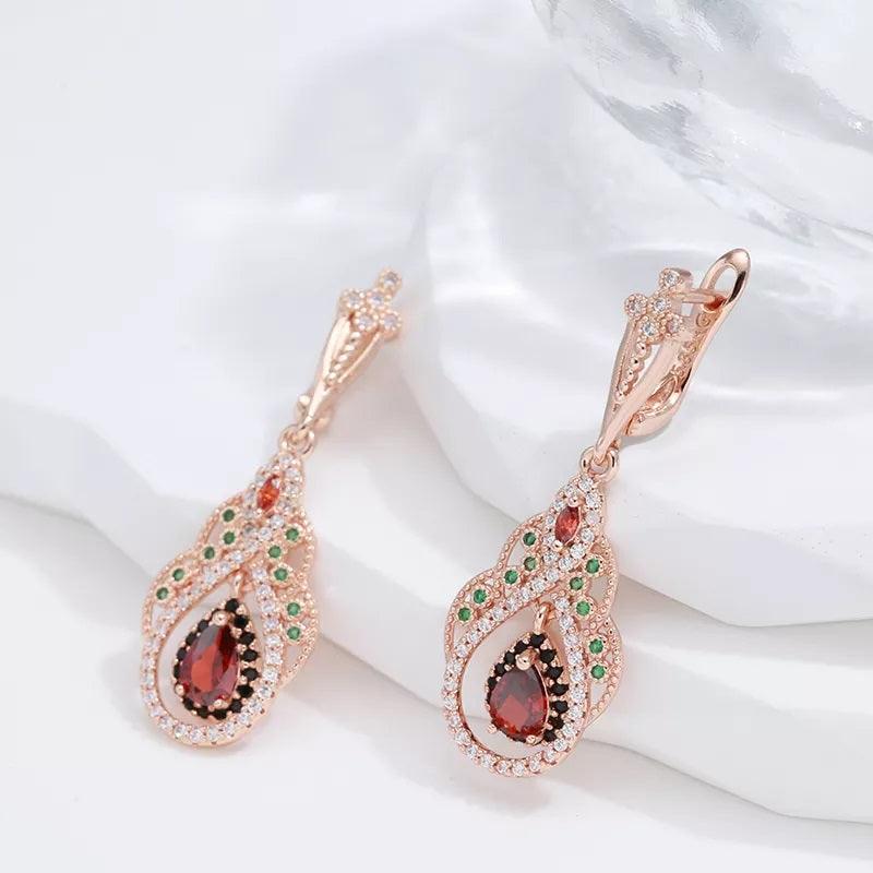 Neu Ohrringe für Damen, 585 Rose Gold Farbe, roter Zirkon, Kristall Blume, Tropfenohrringe, Vintage Hochzeit Schmuck