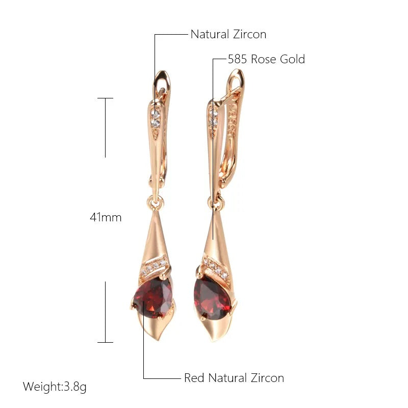 Ohrringe für Damen, 585 Rose Gold Farbe, roter Zirkon, Tropfenohrringe, Vintage Hochzeit Schmuck