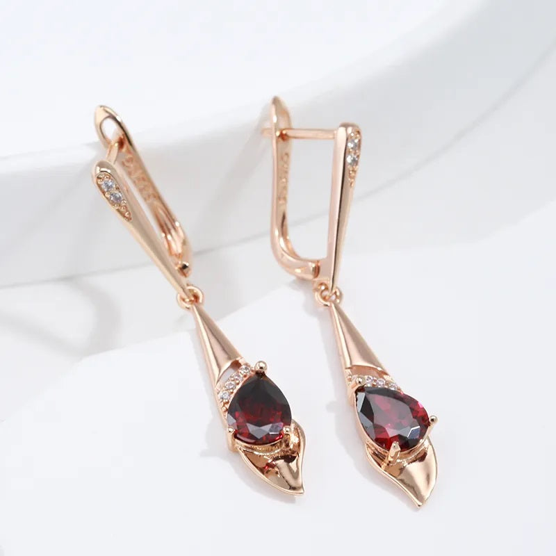 Ohrringe für Damen, 585 Rose Gold Farbe, roter Zirkon, Tropfenohrringe, Vintage Hochzeit Schmuck