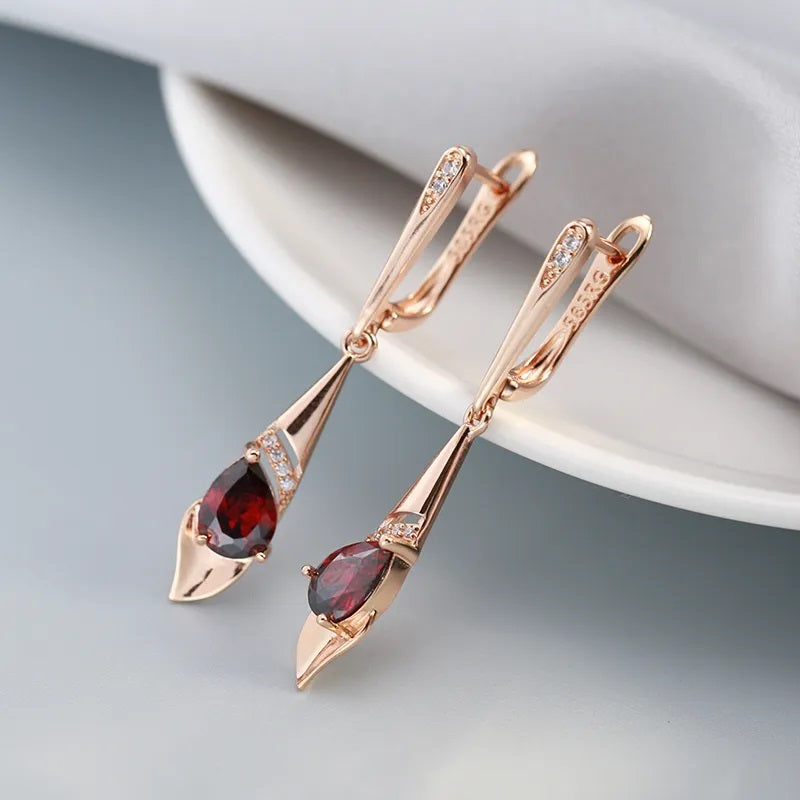 Ohrringe für Damen, 585 Rose Gold Farbe, roter Zirkon, Tropfenohrringe, Vintage Hochzeit Schmuck