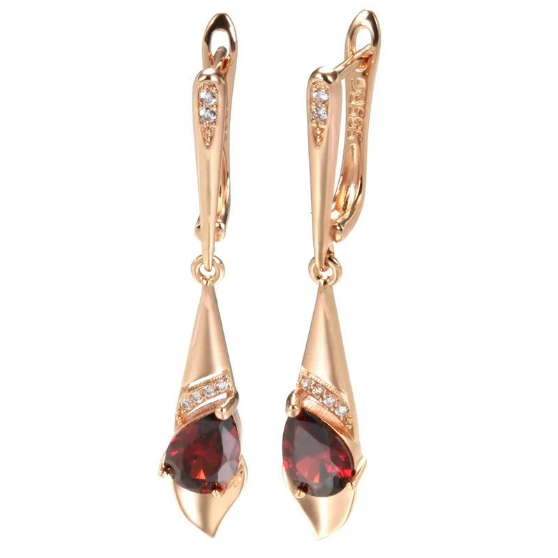 Ohrringe für Damen, 585 Rose Gold Farbe, roter Zirkon, Tropfenohrringe, Vintage Hochzeit Schmuck
