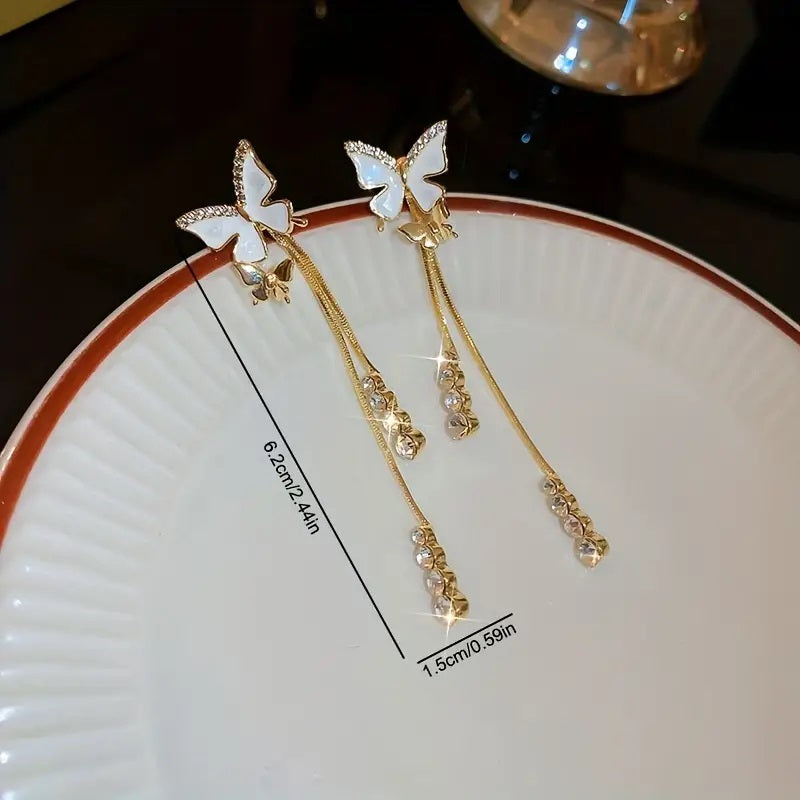 Ohrringe, Schmetterlings-Design mit glänzendem Zirkon-Dekor, baumelnde Ohrringe, eleganter Luxusstil, Kupfer, trendiges weibliches Geschenk