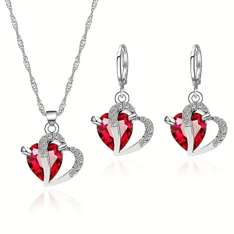 Schmuck-Set Herz Kristall Ohrringe, Halskette/ Anhänger Set, Damen Schmuck, Rot + Silber, Zirkon Kristall