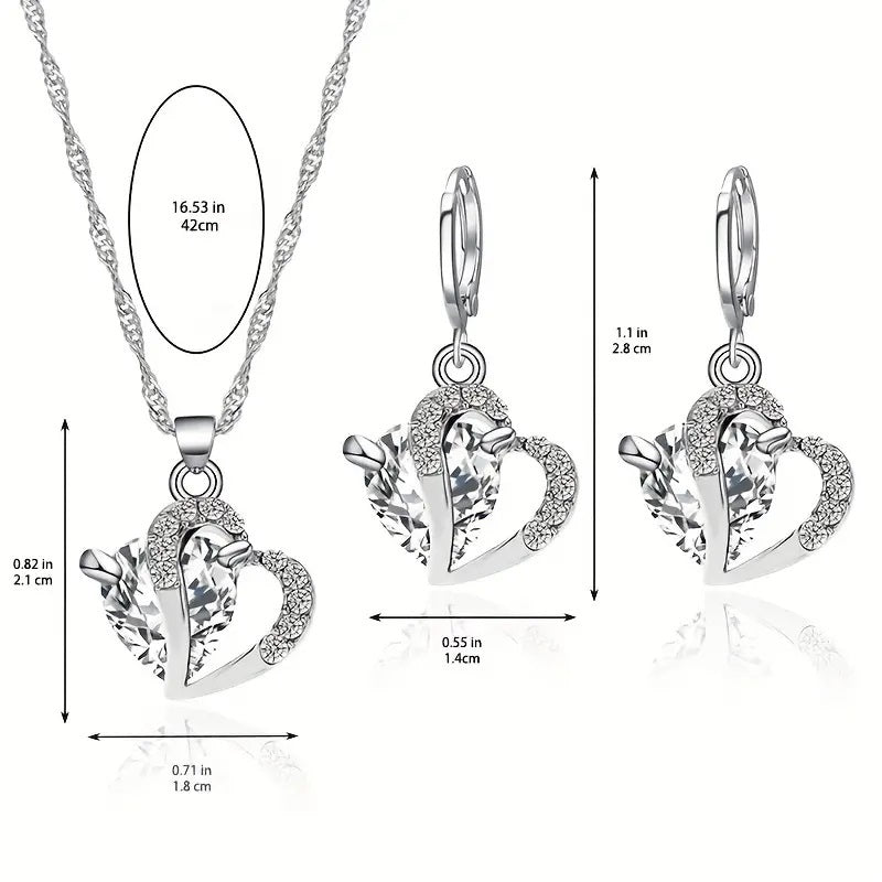 Schmuck-Set Herz Kristall Ohrringe, Halskette/ Anhänger Set, Damen Schmuck, Rot + Silber, Zirkon Kristall