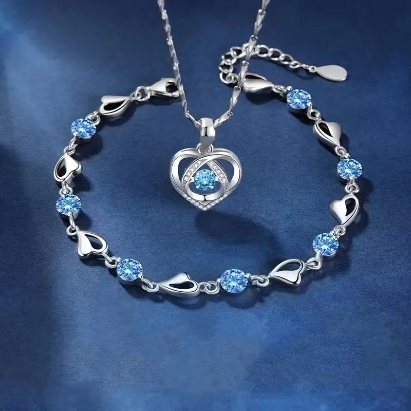 Halskette + Armband Stilvolles Schmuckset Mit Funkelndem Herzdesign, Gepflastert Mit Glänzendem Zirkonia