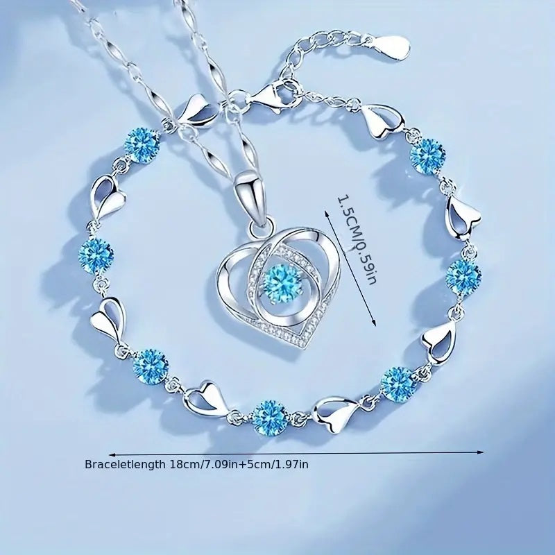 Halskette + Armband Stilvolles Schmuckset Mit Funkelndem Herzdesign, Gepflastert Mit Glänzendem Zirkonia