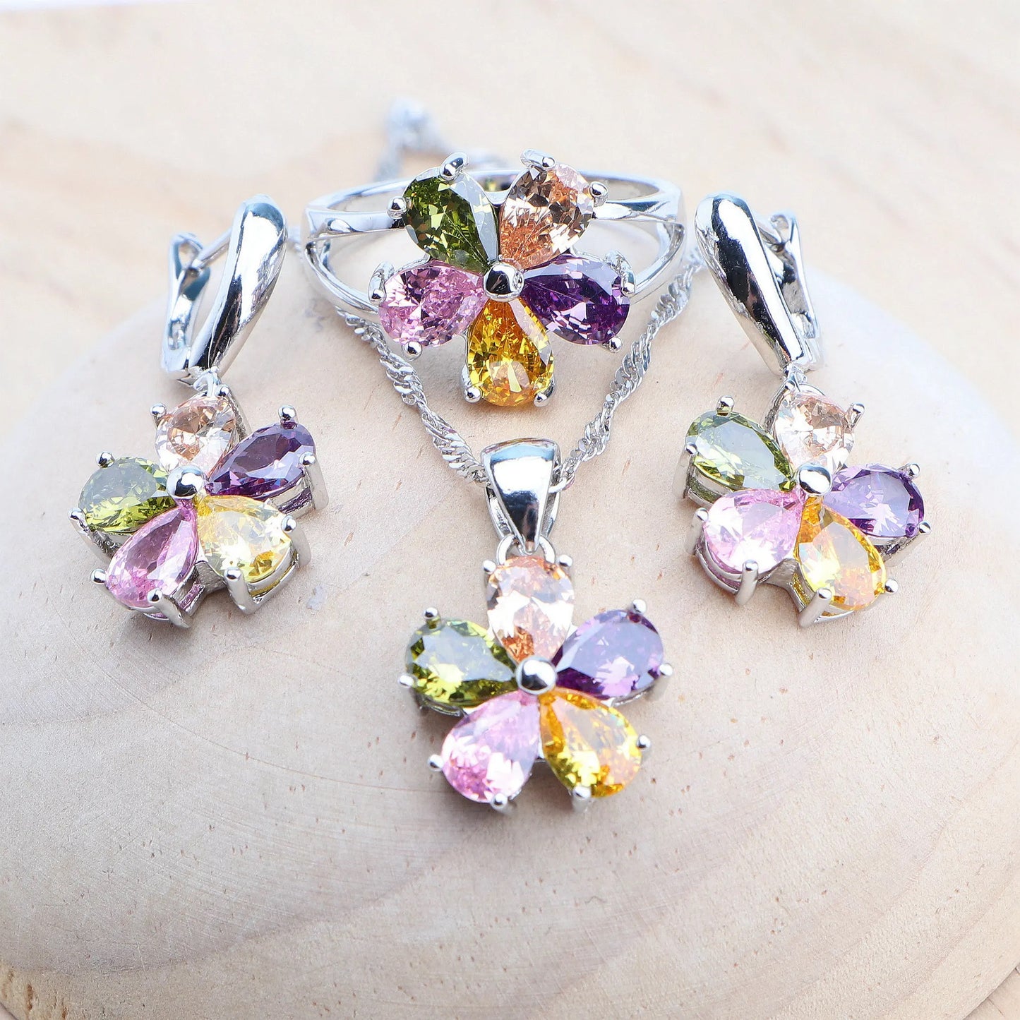 Schmuck-Set aus 925er-Sterlingsilber, bunte Zirkonia-Ohrringe, Ringe, Anhänger-Halskette, Armband für Damen, Hochzeitsset, Schmuck