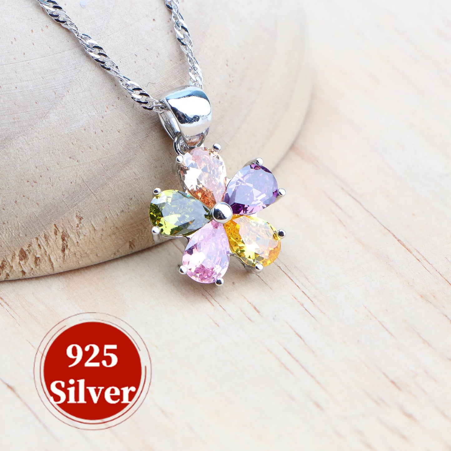 Schmuck-Set aus 925er-Sterlingsilber, bunte Zirkonia-Ohrringe, Ringe, Anhänger-Halskette, Armband für Damen, Hochzeitsset, Schmuck