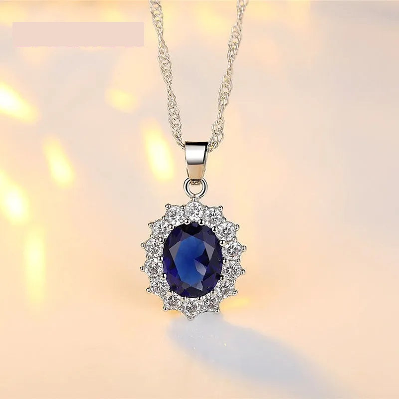 Schmuckset aus 925er-Sterlingsilber für Damen, Halskette, Ohrringe und Ring mit ovalem Zirkon-Kristall