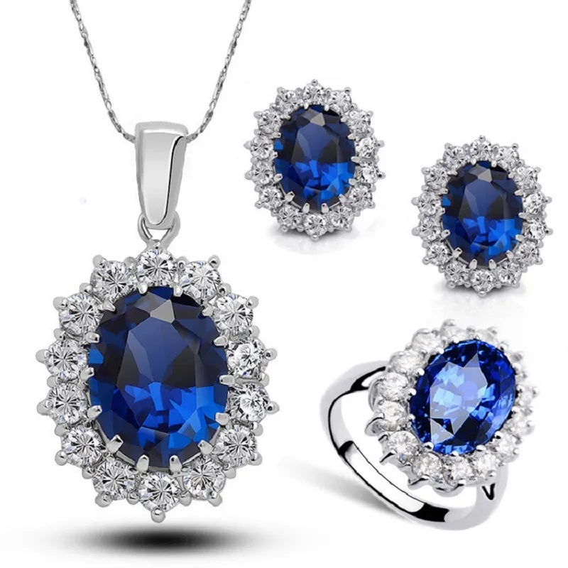 Schmuckset aus 925er-Sterlingsilber für Damen, Halskette, Ohrringe und Ring mit ovalem Zirkon-Kristall