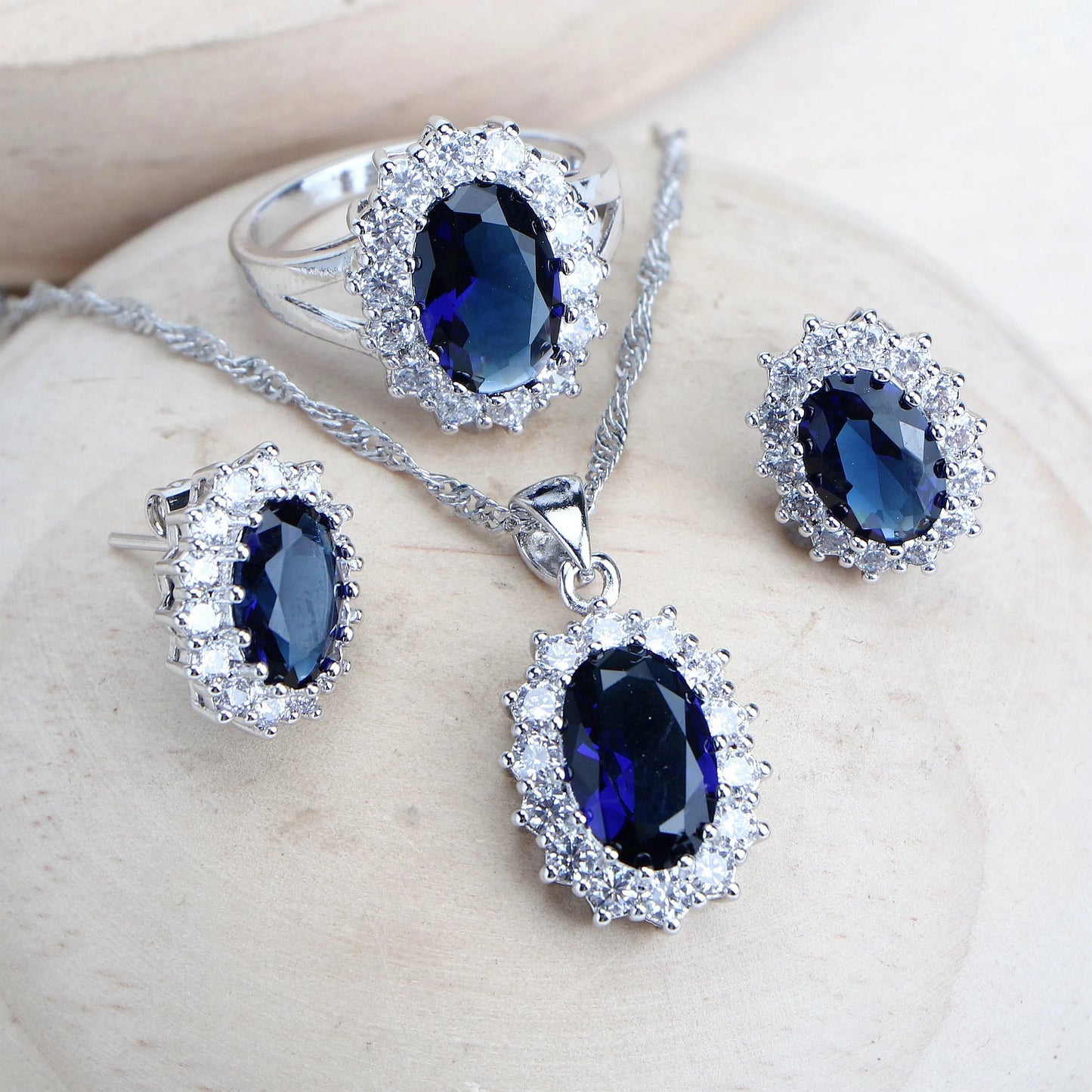 Schmuck-Set aus 925er-Sterlingsilber, Blau Zirkonia-Ohrringe, Ringe, Anhänger-Halskette, Armband für Damen, Hochzeits-Set, Schmuck