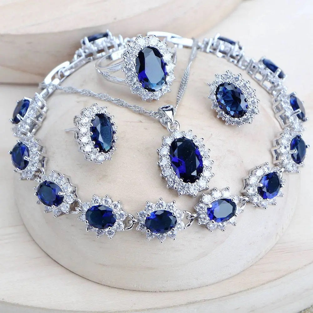Schmuck-Set aus 925er-Sterlingsilber, Blau Zirkonia-Ohrringe, Ringe, Anhänger-Halskette, Armband für Damen, Hochzeits-Set, Schmuck