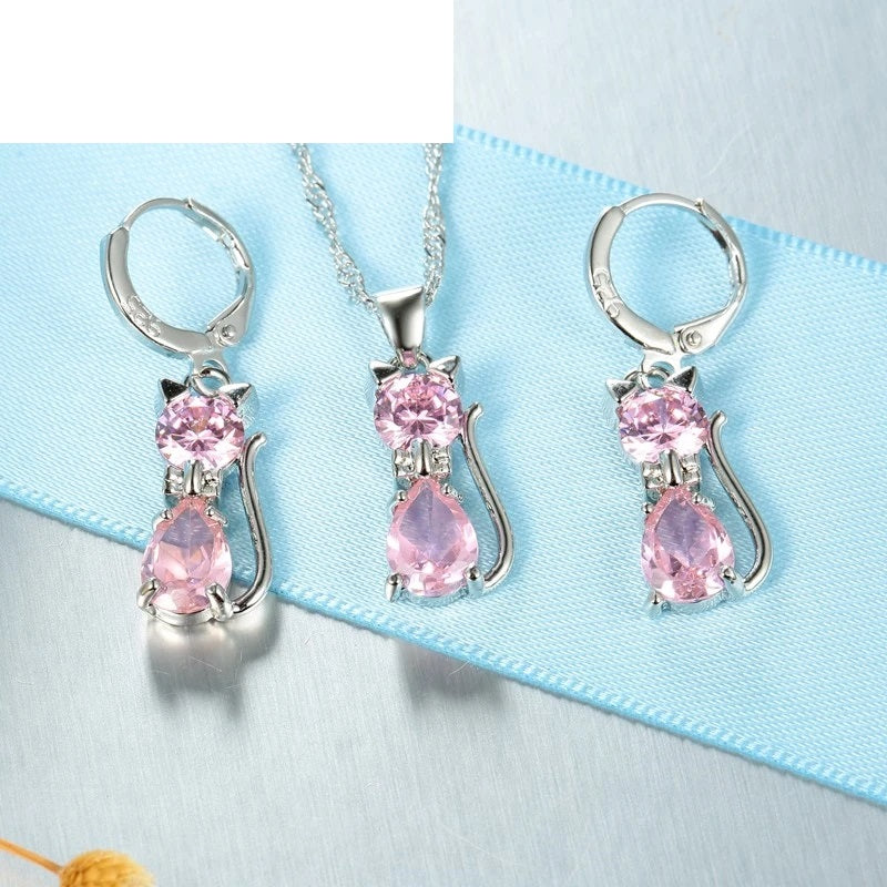 Schmuck-Set 925 Sterling Silber, glänzender Kristall niedliche Katze Anhänger/ Halskette, Ohrringe