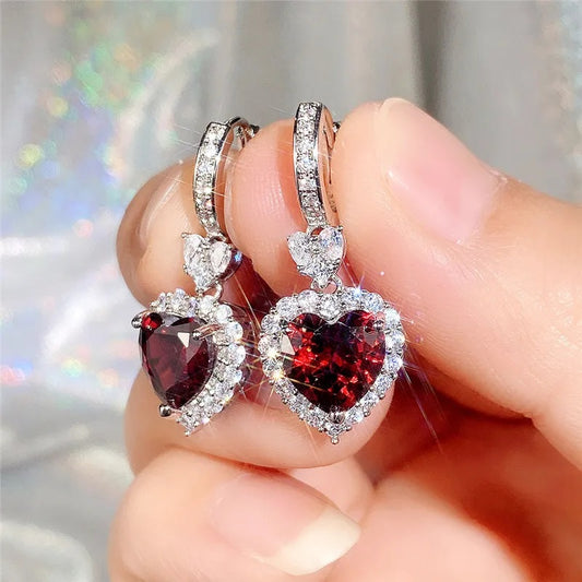 Ohrringe für Damen, Granat Herz Zirkonia, Eternity Liebe Ohrringe, Mode Schmuck