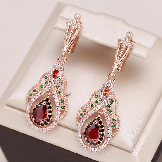 Neu Ohrringe für Damen, 585 Rose Gold Farbe, roter Zirkon, Kristall Blume, Tropfenohrringe, Vintage Hochzeit Schmuck