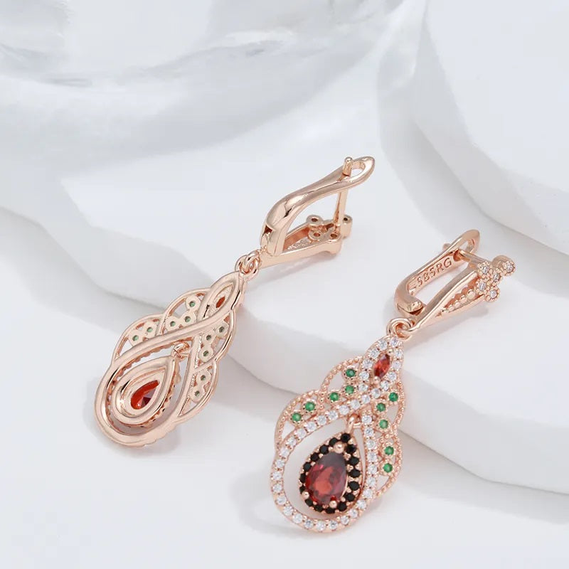 Neu Ohrringe für Damen, 585 Rose Gold Farbe, roter Zirkon, Kristall Blume, Tropfenohrringe, Vintage Hochzeit Schmuck