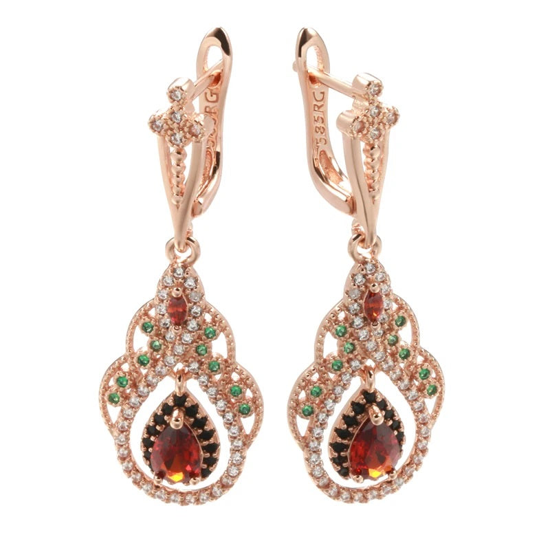Neu Ohrringe für Damen, 585 Rose Gold Farbe, roter Zirkon, Kristall Blume, Tropfenohrringe, Vintage Hochzeit Schmuck