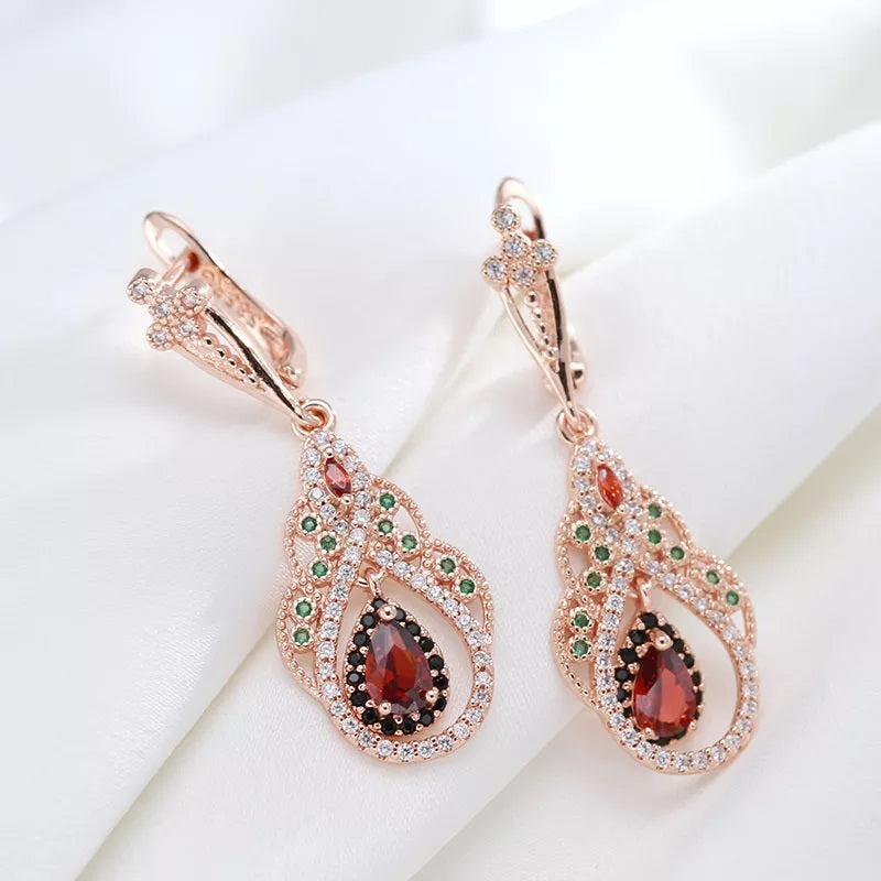 Neu Ohrringe für Damen, 585 Rose Gold Farbe, roter Zirkon, Kristall Blume, Tropfenohrringe, Vintage Hochzeit Schmuck