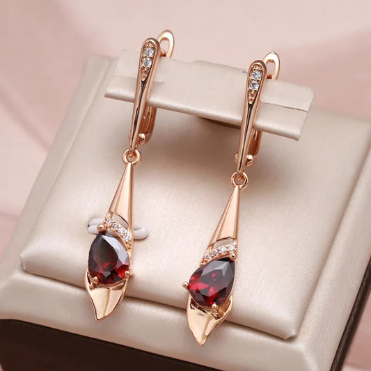Ohrringe für Damen, 585 Rose Gold Farbe, roter Zirkon, Tropfenohrringe, Vintage Hochzeit Schmuck