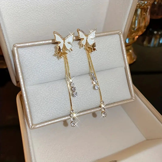 Ohrringe, Schmetterlings-Design mit glänzendem Zirkon-Dekor, baumelnde Ohrringe, eleganter Luxusstil, Kupfer, trendiges weibliches Geschenk