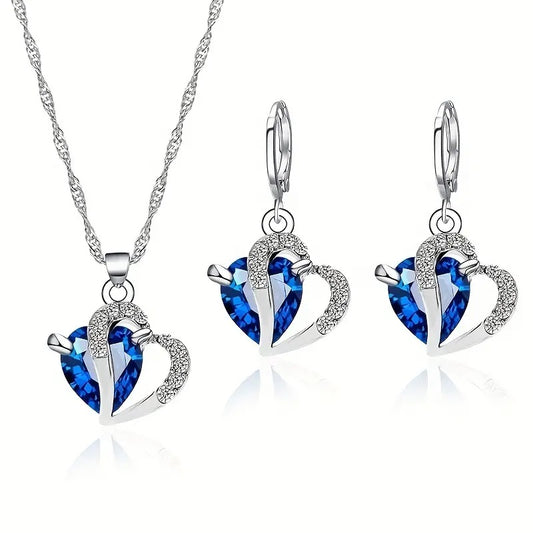 Schmuck-Set Herz Kristall Ohrringe, Halskette/ Anhänger Set, Damen Schmuck, Blau + Silber, Zirkon Kristall