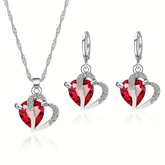 Schmuck-Set Herz Kristall Ohrringe, Halskette/ Anhänger Set, Damen Schmuck, Rot + Silber, Zirkon Kristall
