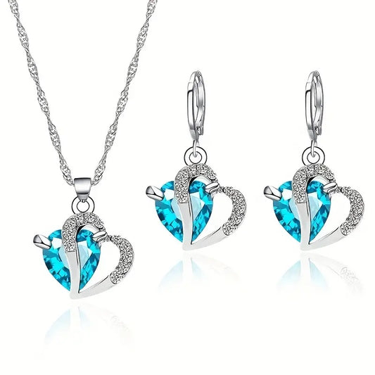 Schmuck-Set Herz Kristall Ohrringe, Halskette/ Anhänger Set, Damen Schmuck, Hellblau + Silber, Zirkon Kristall