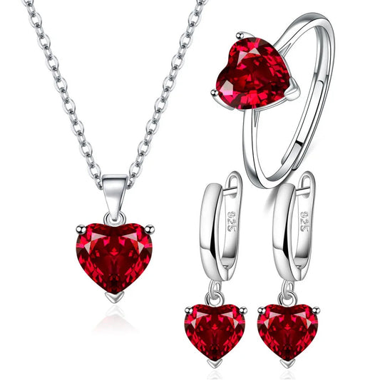 Schmucksets aus 925er Sterlingsilber, herzförmiger roter Zirkon in Ring, Ohrringen und Halskette