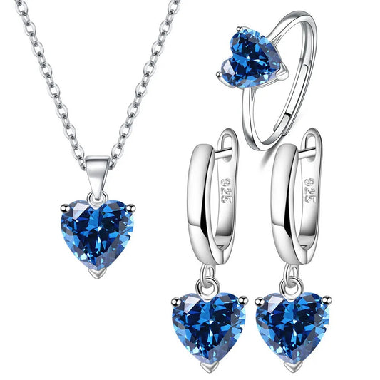 Schmucksets aus 925er Sterlingsilber, herzförmiger blauer Zirkon in Ring, Ohrringen und Halskette