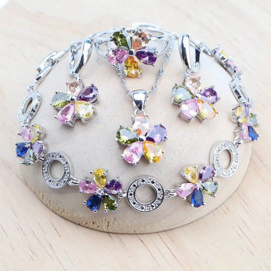 Schmuck-Set aus 925er-Sterlingsilber, bunte Zirkonia-Ohrringe, Ringe, Anhänger-Halskette, Armband für Damen, Hochzeitsset, Schmuck