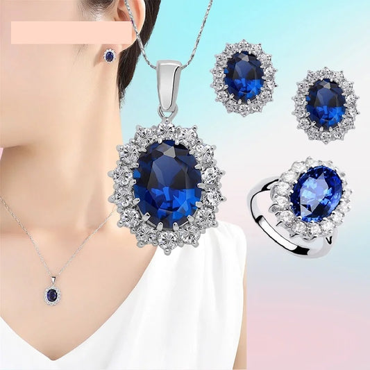 Schmuckset aus 925er-Sterlingsilber für Damen, Halskette, Ohrringe und Ring mit ovalem Zirkon-Kristall