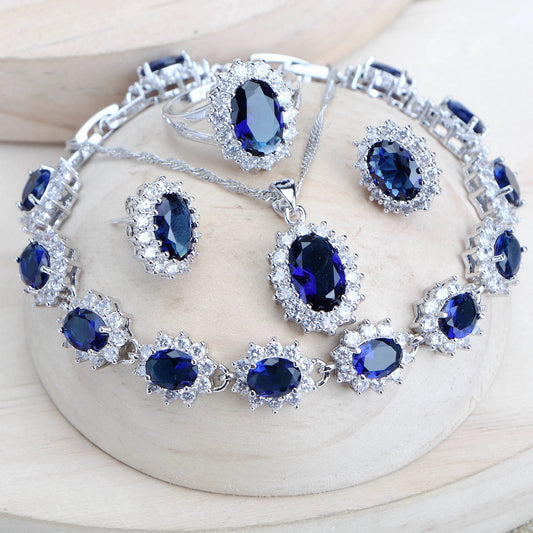 Schmuck-Set aus 925er-Sterlingsilber, Blau Zirkonia-Ohrringe, Ringe, Anhänger-Halskette, Armband für Damen, Hochzeits-Set, Schmuck