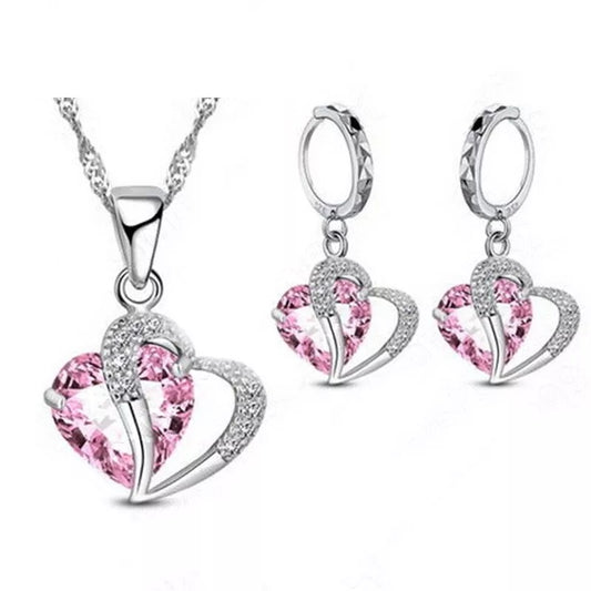 Schmuck-Set 925 Sterling Silber, Zirkon Kristall Herz Ohrringe, Halskette/ Anhänger, Pink + Silber