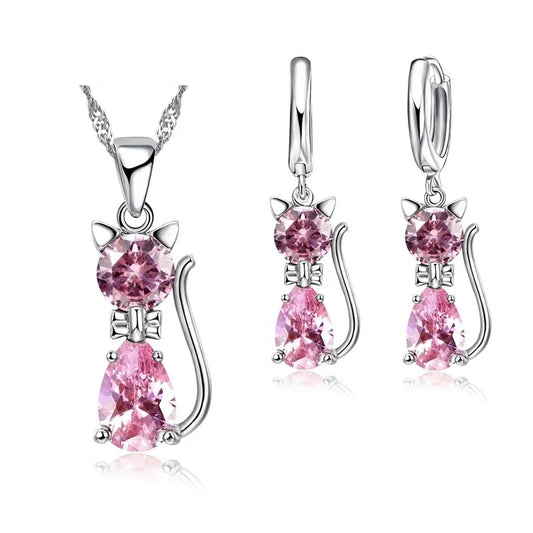 Schmuck-Set 925 Sterling Silber, glänzender Kristall niedliche Katze Anhänger/ Halskette, Ohrringe
